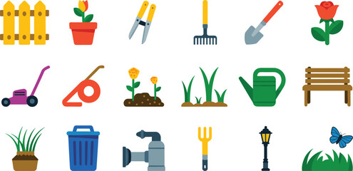 Gardening tools vector flat icon set with lawn mower watering can shovel flowerpot and fence elements © mstlipibegum