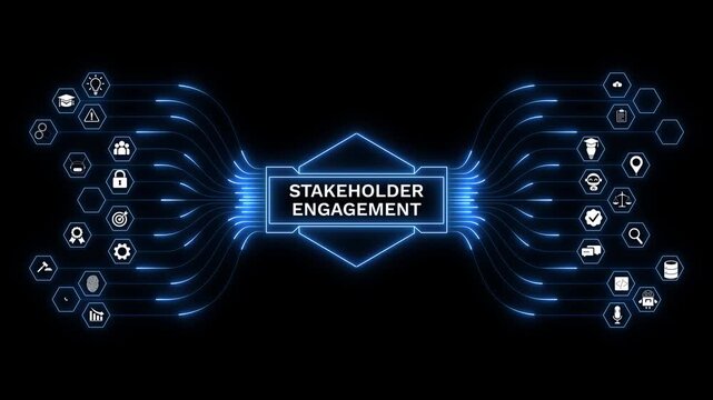 Stakeholder engagement network with digital collaboration systems, communication workflow, data connectivity, business networking, and team collaboration technology.