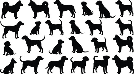 Black dog silhouettes vector collection featuring various canine breeds sitting and standing in profile view isolated on a white background. © Mifta