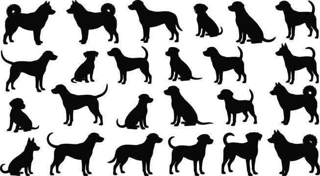Black dog silhouettes vector collection featuring various canine breeds sitting and standing in profile view isolated on a white background.