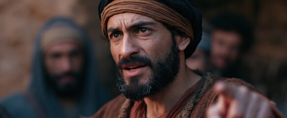 Fototapeta premium A focused man leads soldiers through a rugged Middle Eastern landscape, depicting early religious tension.