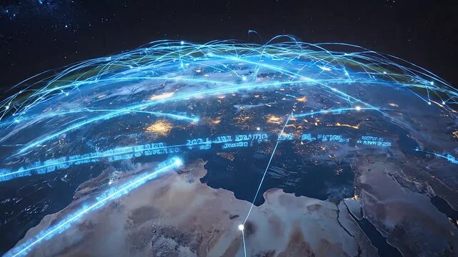 A glowing digital network connects cities across the dark planet