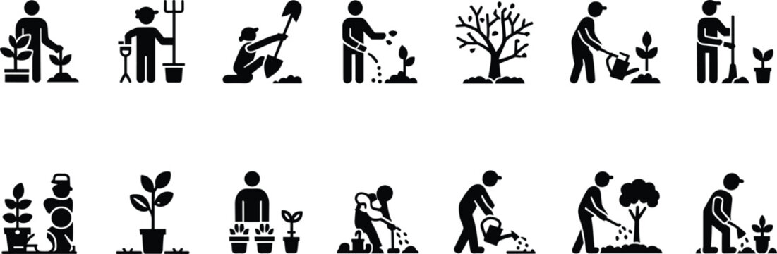 Gardening people vector silhouette stick figure icon set with farmers planting watering and farming elements