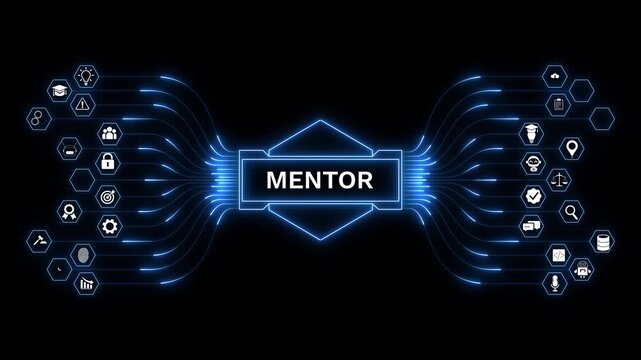 Mentorship network with digital guidance system, professional development workflow, knowledge sharing, career growth, leadership training, and collaboration technology.