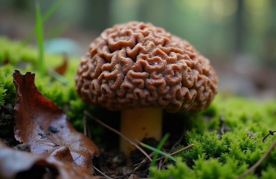 Brown False Morel mushroom with convoluted cap grows on mossy forest floor with fallen leaves. Wild fungus has textured surface and looks like brain, needs careful identification to avoid poison.