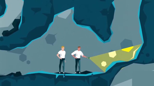 2D Animation of Explorers with Flashlights Navigating a Deep Dark Underground Cave, Adventure and Discovery Concept