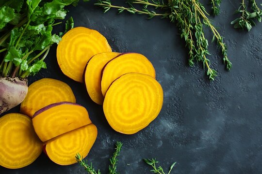 golden beets sliced beside green herbs