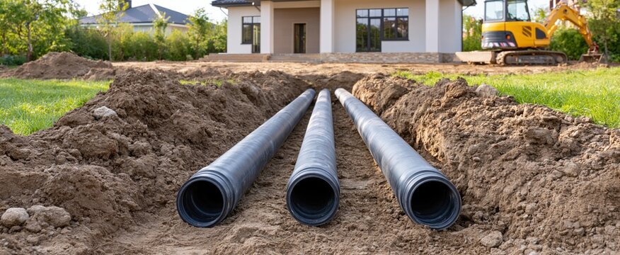 Construction site with drainage pipes installed beside modern house foundation during landscaping and earthmoving work.