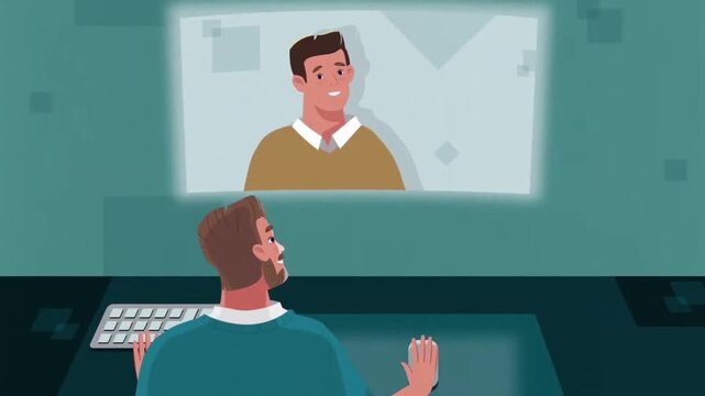 Animated Man Attending an Online Webinar Video Lecture on a Large Desk Screen, Remote Education Concept