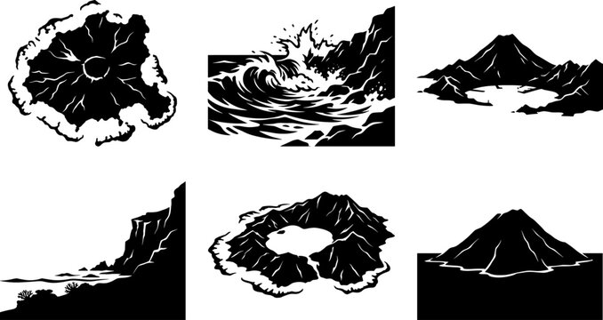 Black and white volcanic crater and coastal cliff vector design bundle