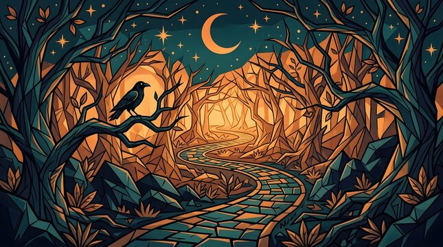 Whimsical moonlit forest path with raven perch