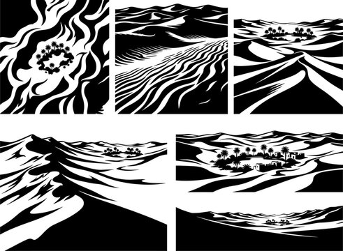 Desert sand dunes and oasis vector set displaying arid landscape graphic collection pack