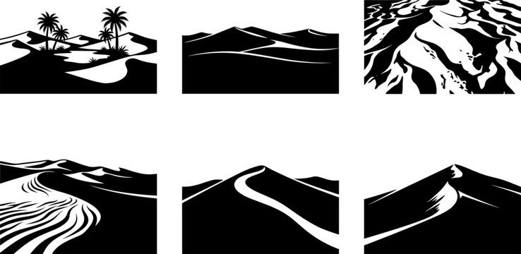 Desert sand dunes and palm oasis silhouette vector element collection