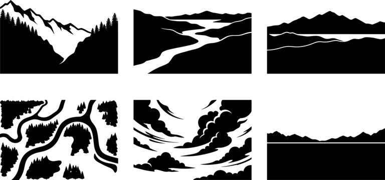 Design bundle of pine forest valleys and mountain rivers presenting cloudy sky weather patterns