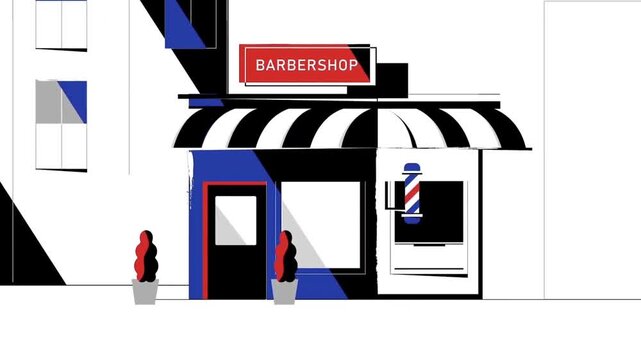 Minimalist 2D Animated Storefront of a Classic Barber Shop with a Pole Sign, Small Business Retail Concept