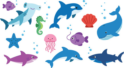 Cute cartoon sea animals vector set featuring happy whale, dolphin, sharks, killer whale, jellyfish, seahorse, starfish, and seashell isolated on white background. © Mifta