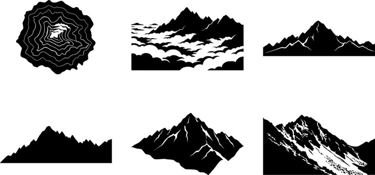 Rocky mountain ridges and topographic contour lines collection depicting alpine terrain for map design