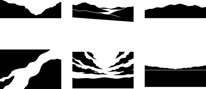 Rolling hills silhouette set and cloudy sky valley vector landscape collection