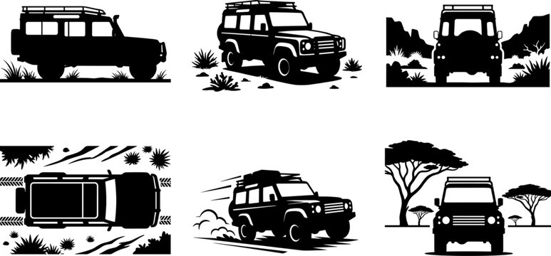 Safari adventure vehicle silhouette set showing off-road jeeps driving through wild savanna terrain