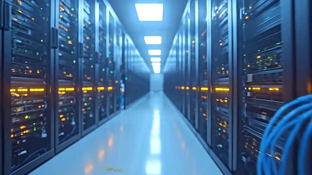 A long corridor inside a modern high tech server room facility