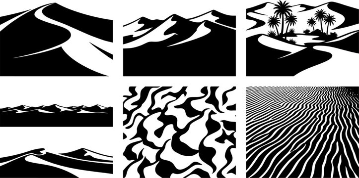 Vector bundle of desert dunes and palm tree oasis displaying abstract sand wave patterns