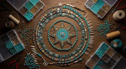 Fototapeta premium Handmade Tribal Jewelry Making Supplies Arranged in Circular Pattern