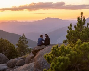 Fototapeta premium A romantic couple sitting on a large rock formation at sunset, overlooking a vast mountain range, capturing a moment of intimacy, connection, and natural beauty