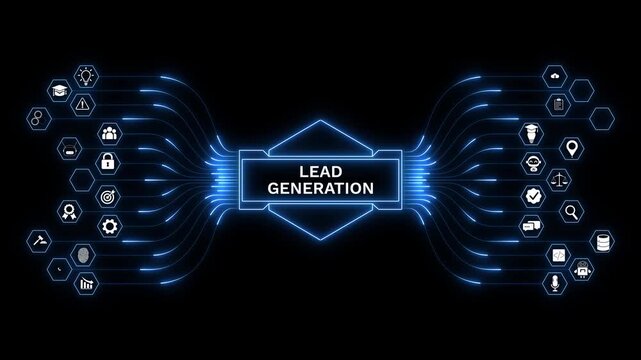 Lead generation engine illustrating prospect capture, sales funnel progression, demand creation, marketing automation, and performance-driven digital growth strategy.