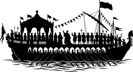 Obraz premium Grand royal galley with multiple rowers and noble figures standing on deck