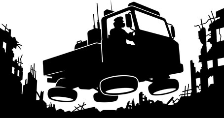 Obraz premium Futuristic hover truck flying over ruined city buildings in a post-apocalyptic landscape