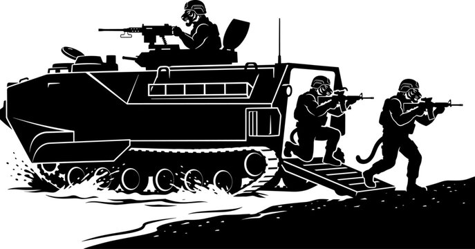 Anthropomorphic tiger soldiers exiting an armored personnel carrier onto a shore