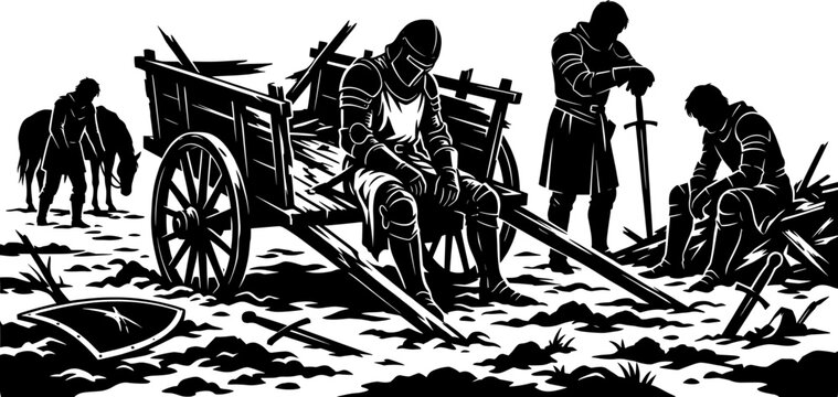 Defeated medieval knights resting near a broken wooden cart on a battlefield
