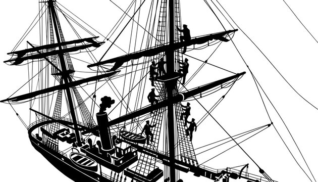 Crew sailors climb wooden rigging masts of large vintage sailing ship vessel deck