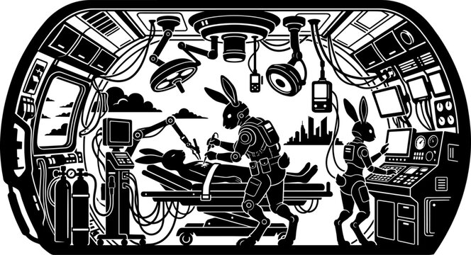 Futuristic rabbit cyborg surgeons operate on patient inside high tech spaceship medical bay