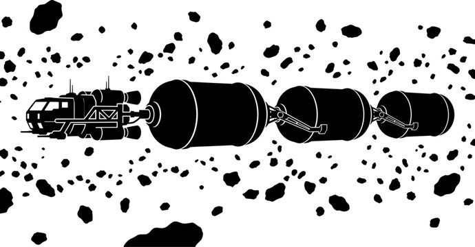 Futuristic space freighter ship towing large cylindrical cargo tanks through asteroid field silhouette