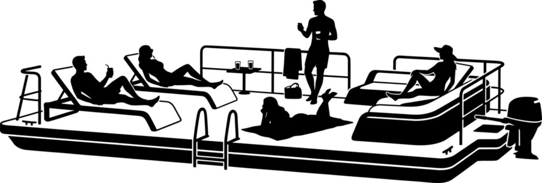 Group of friends relaxing and sunbathing on a luxury pontoon leisure boat silhouette