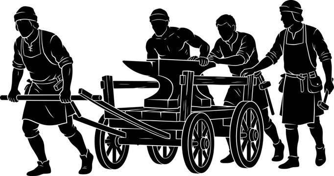 Four medieval blacksmith workers moving a heavy iron anvil on a wooden cart silhouette