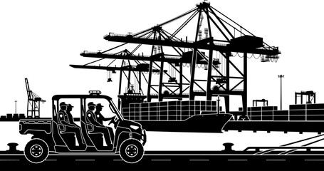 Obraz premium Port security guards driving a utility vehicle past shipping cranes and cargo containers