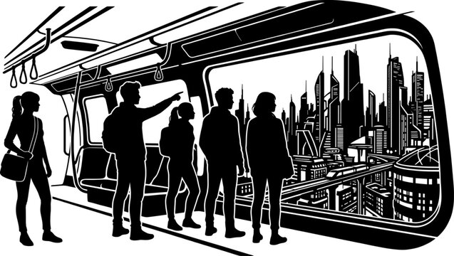 Passengers inside a futuristic train looking at a modern sci-fi city skyline