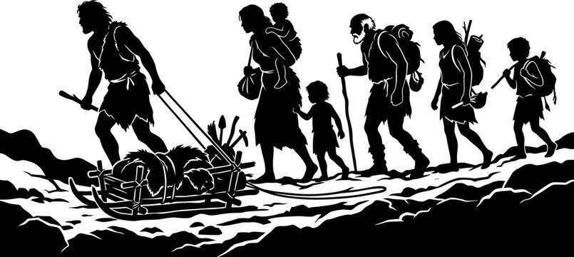 Prehistoric hunter gatherer tribe migrating across rocky landscape pulling loaded sled silhouette vector