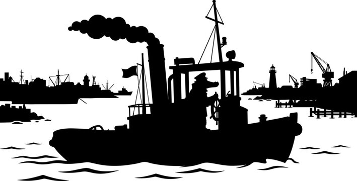 Silhouette of a ship captain steering a steam tugboat in an industrial harbor