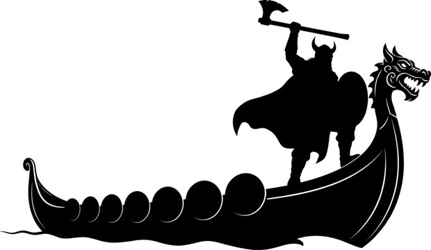 Silhouette of a viking warrior holding an axe on a dragon longship bow