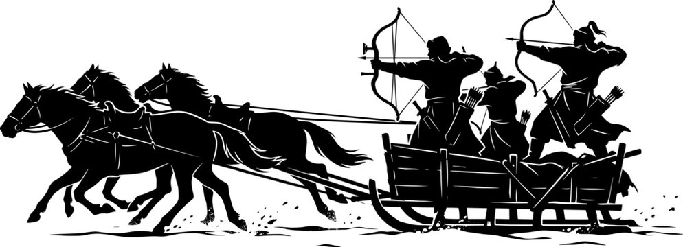 Silhouette of horse-drawn sled archers shooting arrows while galloping across the snow
