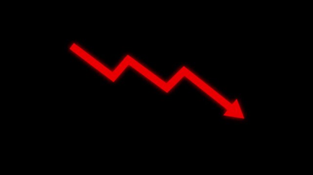Decreasing business graph concept. Loss business graph icon animation. Down arrow business graph chart animation The stock price falls, the red graph indicates a loss.