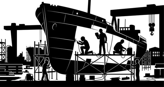 Silhouette of shipyard workers welding and constructing a large vessel hull on scaffolding