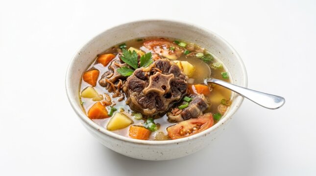 Hearty oxtail soup with vegetables and herbs served in a white bowl with a spoon, a delicious comfort food meal
