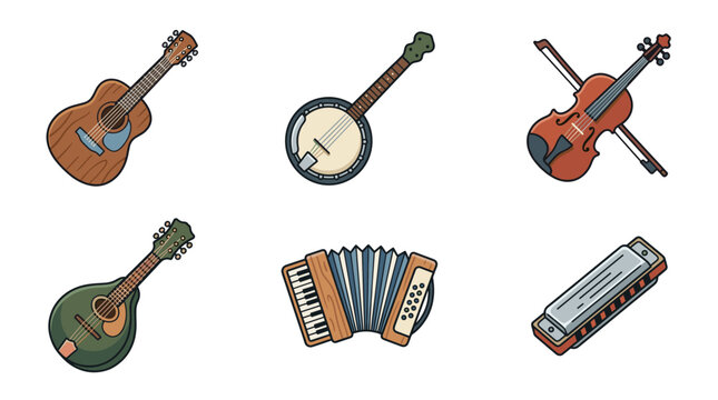 Folk musical instruments flat design vector illustration set