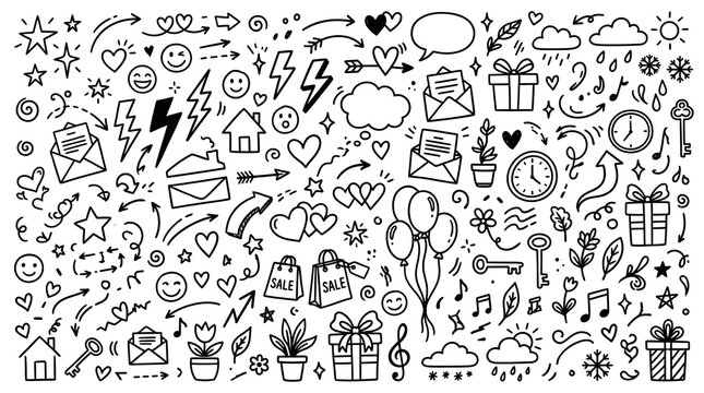 Mega collection of hand-drawn cute everyday doodles and random lifestyle sketches, featuring hearts, stars, arrows, weather symbols, and gift boxes isolated on white background