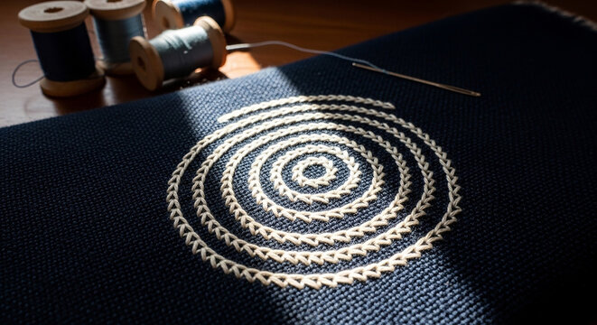 Hand embroidery spiral pattern on dark fabric with sewing supplies, needle and thread spools