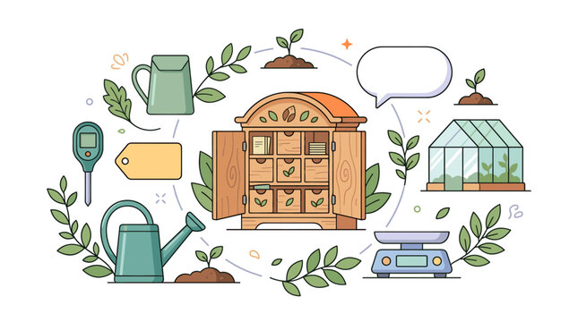 Gardening supplies and greenhouse flat design vector illustration